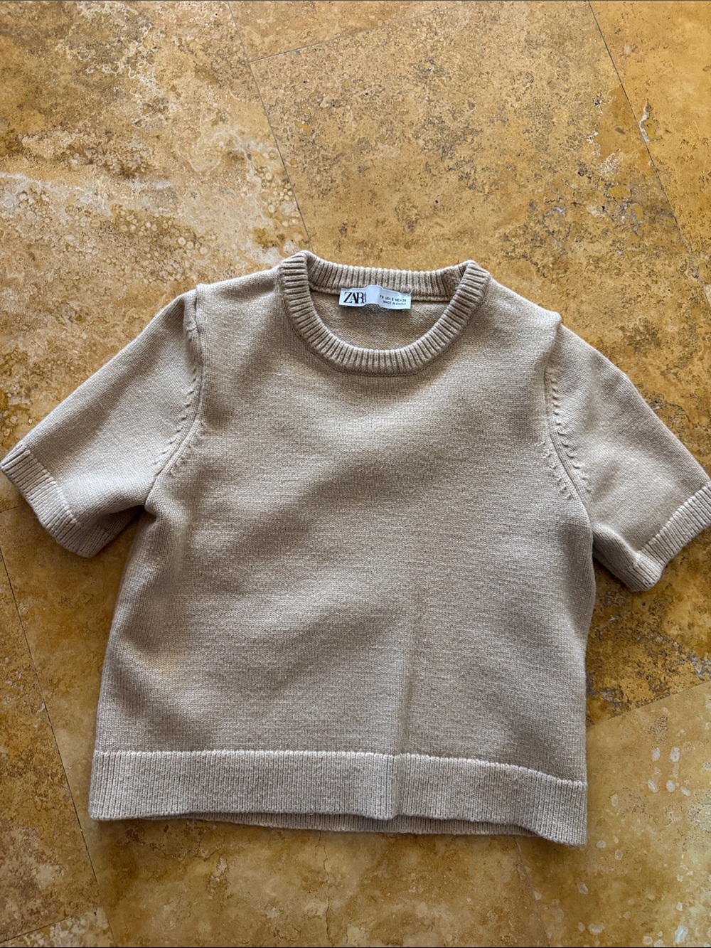 Zara  Neutral Beige Short Sleeve Knit Sweater